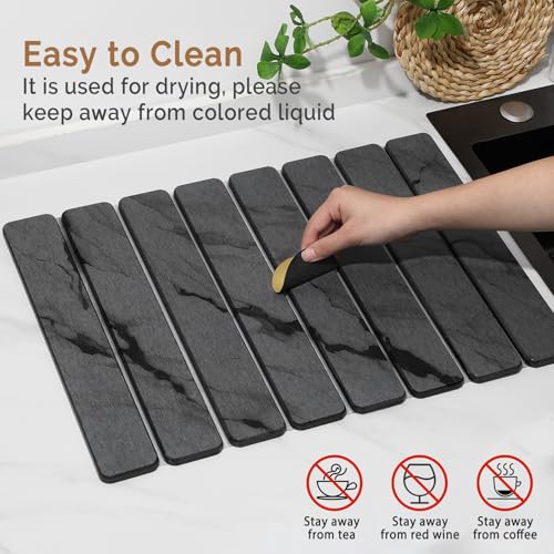Linidcoud Dark Gray 20x14 Inch Stone Dish Drying Mat for Kitchen Counter - Quick Dry Water Absorbing Marbled Diatomaceous Earth Pad