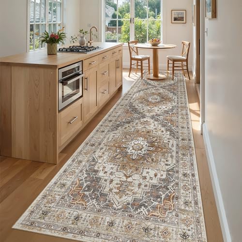 Madane 3x10 Washable Hallway Runner Rug - Turmeric & Grey Non-Slip Low-Pile