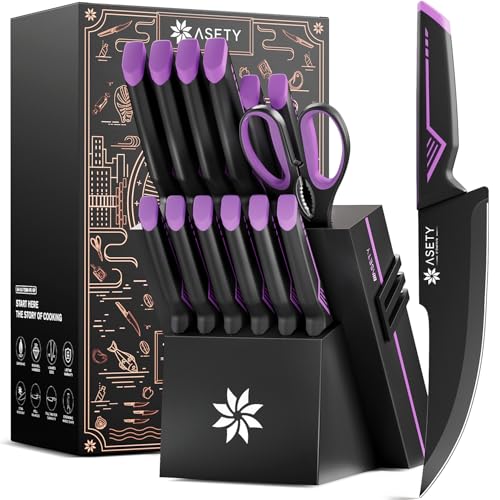 ASETY Elegant Purple 15-Piece Kitchen Knife Set with Built-in Sharpener Block