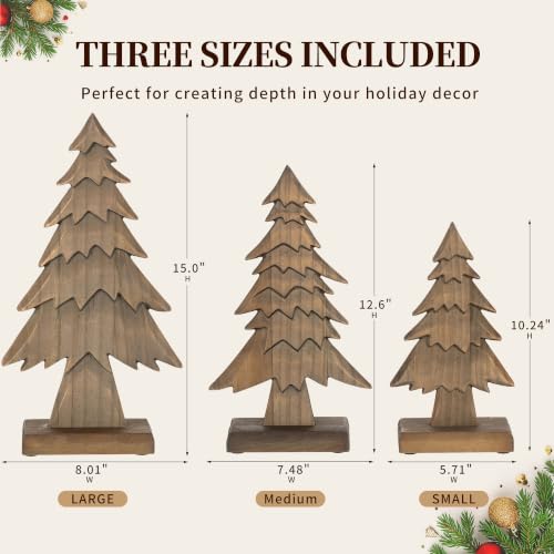 Hanobe Brown 3pc Rustic Wood Christmas Trees Set for Tabletop - Small 10.24", Medium 12.6", Large 15"