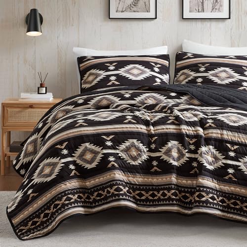 Full/Queen Woolrich Southwestern Aztec Quilt Set Reversible Black Bedding