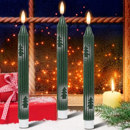 Wondise Green Christmas Flameless Taper Candles with Remote & Timer - Pack of 6