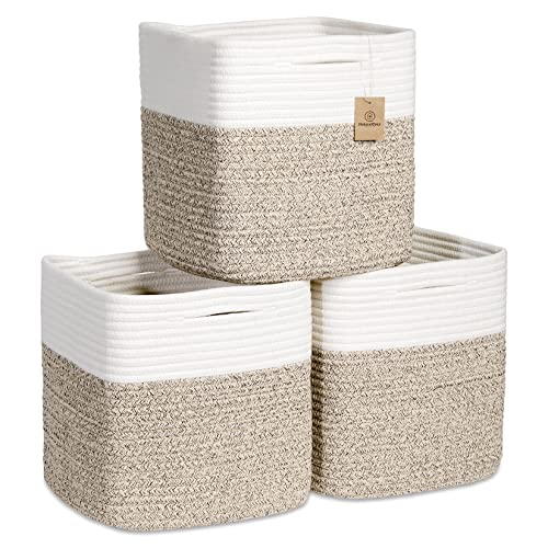 NaturalCozy 11-Inch Cotton Rope Storage Baskets Set - Off White & Mixed Brown, 3-Pack for Closet, Kids Toys, Nursery Organization