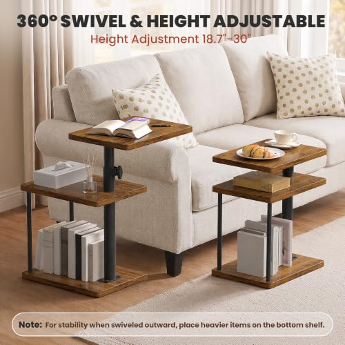Adjustable Height Swivel End Table - Rustic Brown 3-Tier Side Table