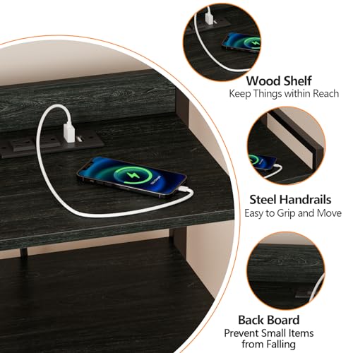 Furnulem Night Stand with Charging Station & LED Lighting, Black Oak, 4 Drawers