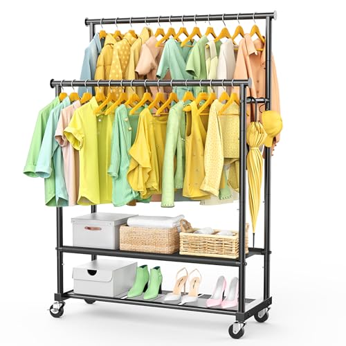 Heavy Duty Double Rod Clothes Rack with Wheels - Black, 65-Inch Garment Organizer with Shelves