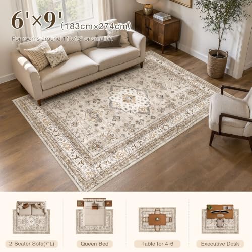 Cotiled 6x9 Beige Area Rug - Washable Traditional Vintage Carpet for Living Room
