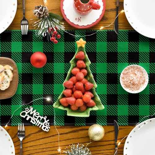 Green and Black Buffalo Plaid Table Runner 13x72 Inch Classic Christmas Plaid Farmhouse Kitchen Dinning Table Decoration for Home Party Decor