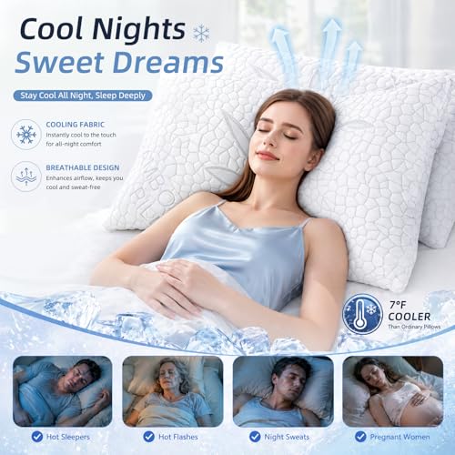 White Bamboo Cooling Shredded Memory Foam Queen Bed Pillows Set of 2 - Adjustable Support