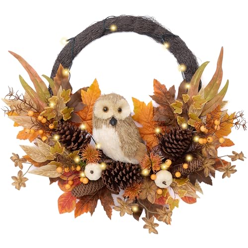Valery Madelyn 24-Inch Collapsible Fall Wreath with Owl & Pumpkin for Front Door