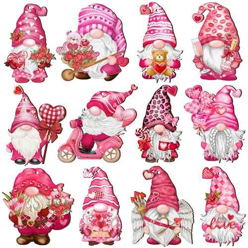 Valentine Wooden Hanging Ornaments, Wood Decor for Tree Decoration, Santa Doll Craft, Gnome Elf Party Supplies (Valentine-Gnomes-A)