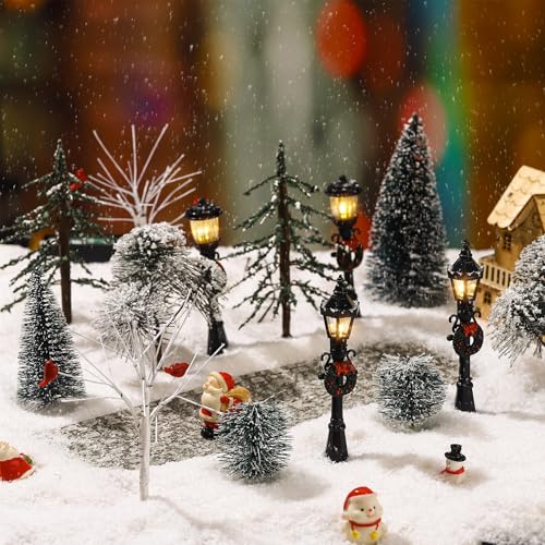 Aoriher Christmas Village Figurine Set with Miniature Snow Trees & Streetlights - 15 Pieces
