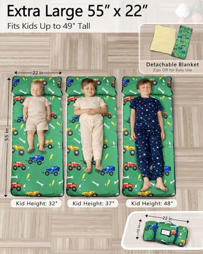 Primlect Toddler Nap Mat with Pillow - Green Truck, Extra Large & Thickened
