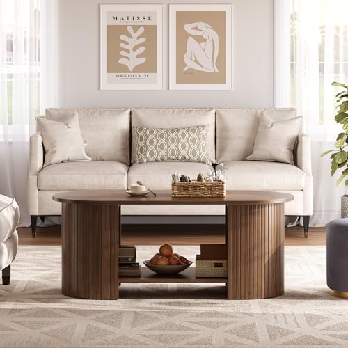 Walnut 42-Inch Oval Fluted Coffee Table with Two-Tier Storage - Mid-Century Modern Wood