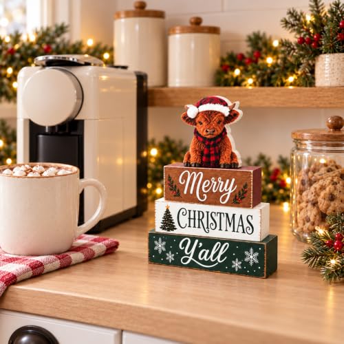 Farmhouse Highland Cow Christmas Tiered Tray Decor - Rustic Wooden Sign