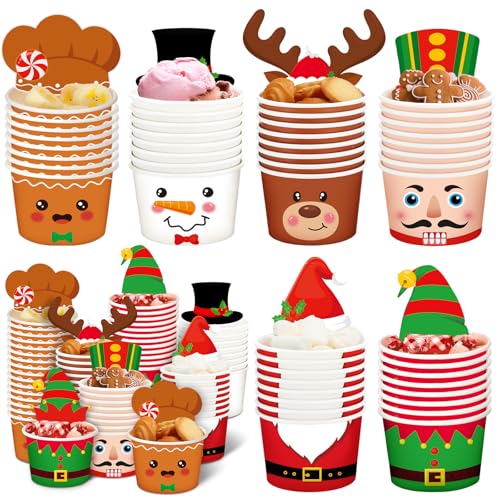 Qinyoung 120-Pack 8 oz Christmas Treat Cups – Snowman Santa Elk Gingerbread Disposable Bowls (Variation: Christmas)