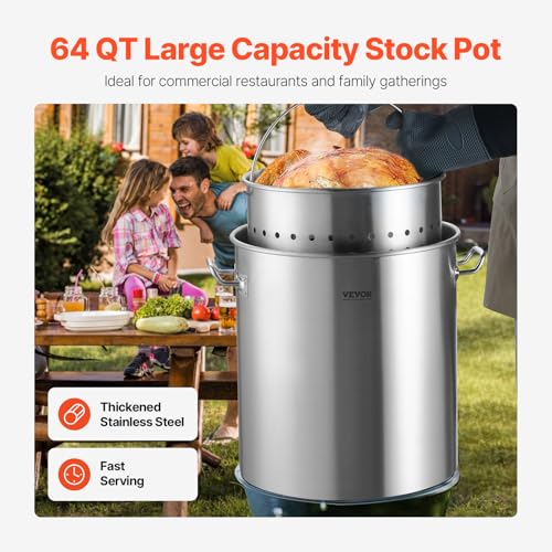 VEVOR 63.9 Quart Stainless Steel Stockpot with Basket & Lid - Large Capacity Commercial Cookware