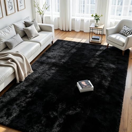 8x10 Fluffy Area Rug for Living Room: Soft Non-Slip Black Bedroom