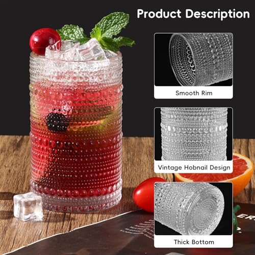16PCS Clear Hobnail Drinking Glasses Set - 8 Highball (12oz) & 8 Cocktail (10oz) Vintage Water Cups