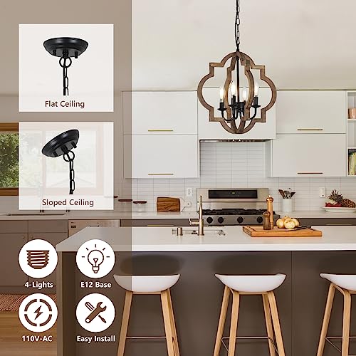 Brown Farmhouse Chandelier Light Fixture - 4-Light Rustic Wood Pendant for Dining Room & Kitchen