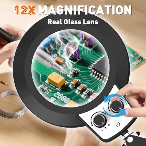 12X Magnifying Glass with Light & Extra-Long 35 Inch Clamp Stand - Adjustable LED Lamp