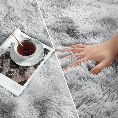 Tie-Dyed Light Grey Shag Area Rug 6 x 9 ft - Soft Faux Fur Bedroom Carpet