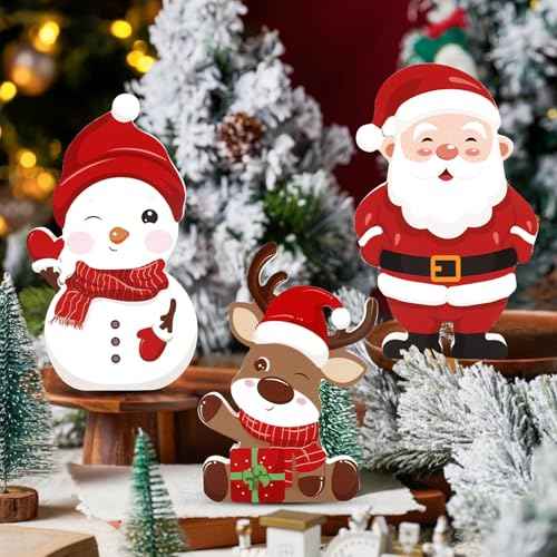 3 Pcs Christmas Tiered Tray Decor Christmas Wooden Signs Cute Santa Snowman Reindeer Christmas Table Decorations for Home Table Shelf