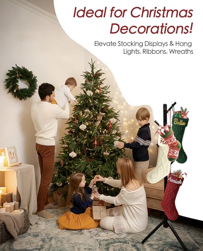Black Freestanding Christmas Stocking Holder Stand, 8-Hook Wooden Tree