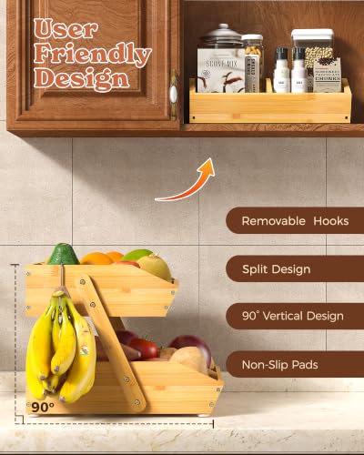Sevenblue 2-Tier Bamboo Fruit Basket with Banana Holders - Natural, Space-Saving Kitchen Organizer