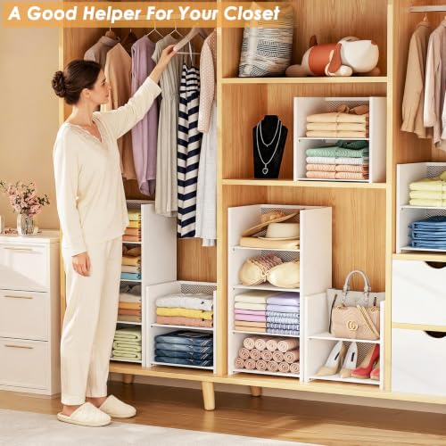 Hencawima 2-Tier Stackable Closet Organizer Baskets, Durable Iron & Wood