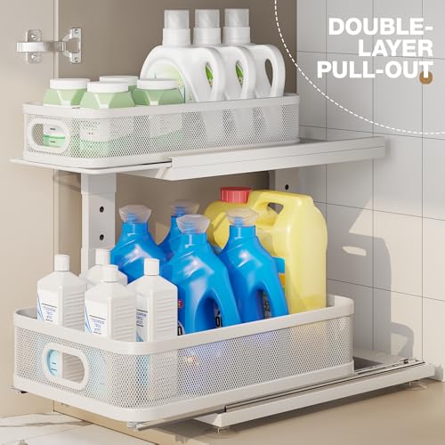 Corbyles White 2-Pack Under Sink Organizer with Adjustable Height, Mesh Drawers & Ball-Bearing Slides - 15.5"D x 12.4"-16.5"H