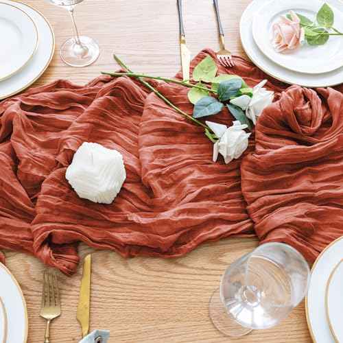 Wokceer Fall Table Runner Cheesecloth 10FT Boho Gauze Terracotta Cheese Cloth Table Runner Christmas Thanksgiving Rustic Sheer Runners for Baby Bridal Shower Wedding Easter