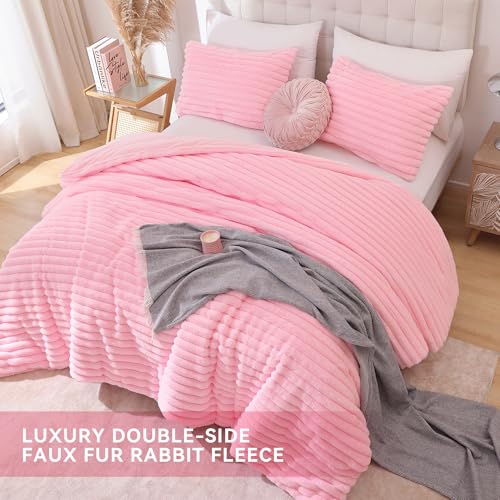 Pink Queen Size Fluffy Comforter Set 3 Pieces - Micro-Mink & Flannel Bedding
