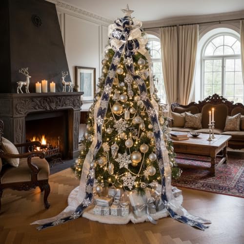 CT Craft 11" Blue Snowflake Christmas Tree Topper Bow with 4 Streamers, 3 Yards Each - Sibling Variation Blue Snowflake / 11" x 1