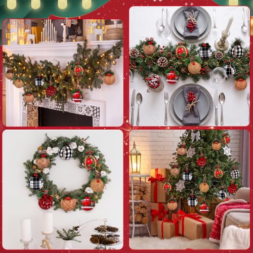 Elcoho 9 Pcs Red & Black Christmas Ball Ornaments with Plaid Designs, Jute Rope Hangers