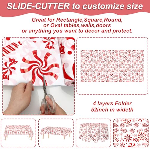 52 Inch x 100 Ft Christmas Plastic Tablecloth Roll - White & Red Candy Cane Design, Disposable Holiday Cover
