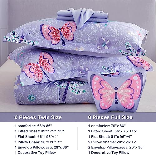 Kids Twin Comforter Set Butterfly Purple Bedding for Girls - 6 Pieces