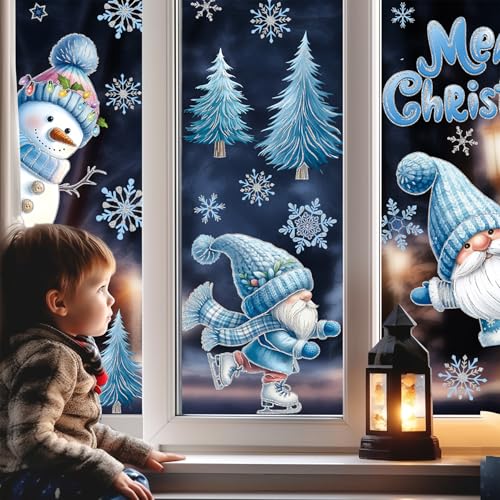 Christmas Gnome Window Clings – 9pk Blue Snowman Stickers for Glass & Mirrors