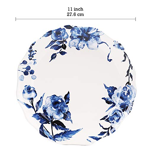 Bico 11-Inch Blue Watercolor Flower Ceramic Dinner Plates Set of 4, Microwave & Dishwasher Safe