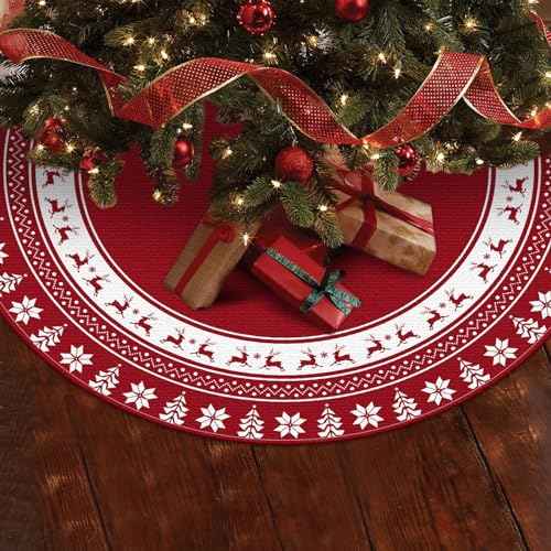 58 Inch Christmas Tree Skirt,Large Christmas Tree Skirt with Snowflake and Reindeer, pefect for Holiday Party Decor, Christmas Tree Decoration