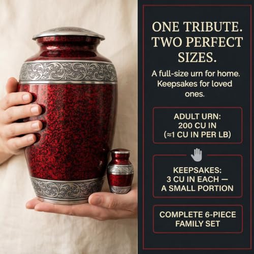 Solace Forever Red Cremation Urn Set of 6 for Adults - Includes Large & Keepsake Urns + Necklace
