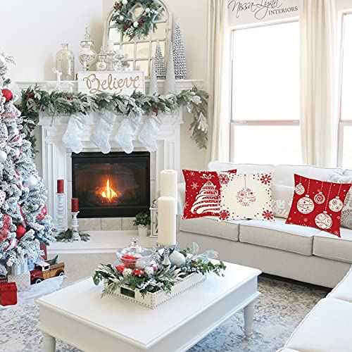Hlonon Christmas Throw Pillow Covers Set of 4 Winter Decorative Rustic Pillowcase for Holiday Decorations Christmas Home Sofa Couch Decor, Red & Cream White (20 x 20 Inches)