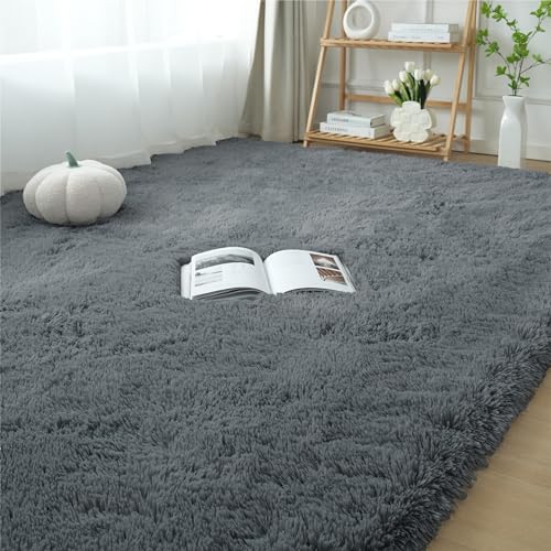 Grey Fluffy Area Rug 5x7 Feet Shag Bedroom Carpet Non-Slip Dorm Decor