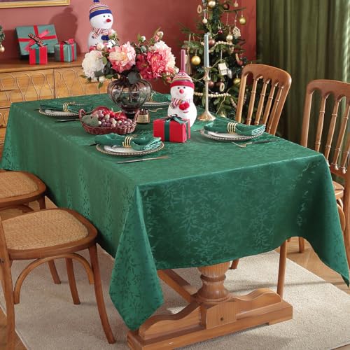 SASTYBALE 60x120 in Christmas Tablecloth - Green Jacquard Holly Berries Wrinkle-Free