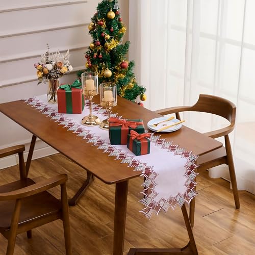 Raedan Dark Red & White Linen Lace Table Runner 16x72 Inches for Dining & Decor