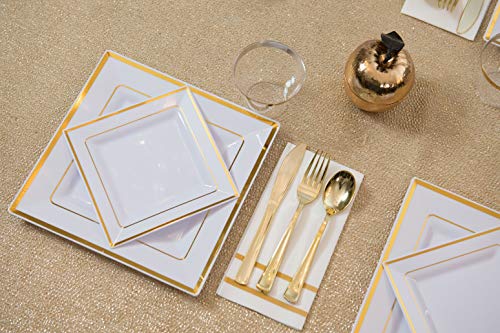 Disposable Linen-Feel Guest Towels - Gold Design, 200 Count - Formal Dinner & Wedding Napkins - 8.5x4 Inches Folded, 12x16.5 Unfolded - Gold 2 Lines Variation