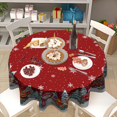 Kawani 60-Inch Christmas Round Tablecloth Snowman Red Truck Snowflakes, Xmas Decor