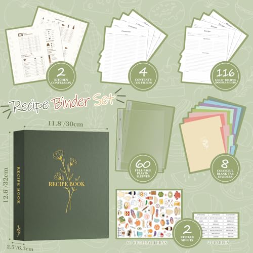 Lanpn Recipe Binder - 8.5x11 Green Waterproof Organizer with 60 Sleeves & Dividers