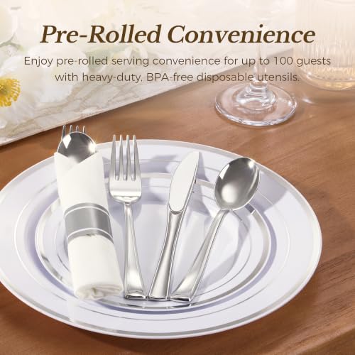 Classic Silver 100 Pack Disposable Silverware Set with Napkins, Wrapped Cutlery