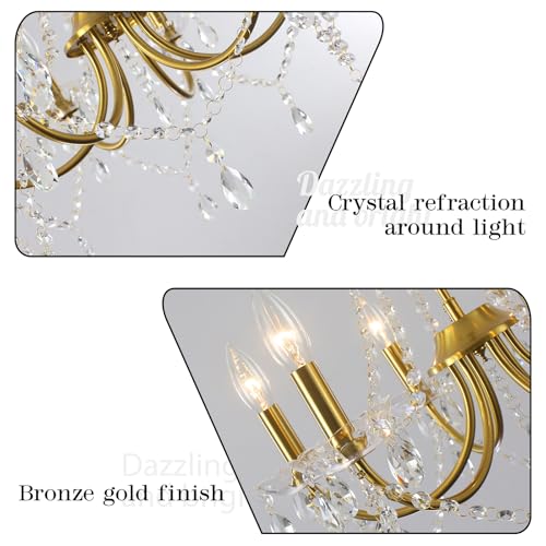 6-Light Gold Crystal Plug-In Chandelier with Long Cord - Modern Pendant Light for Dining Room Bedroom Living Room